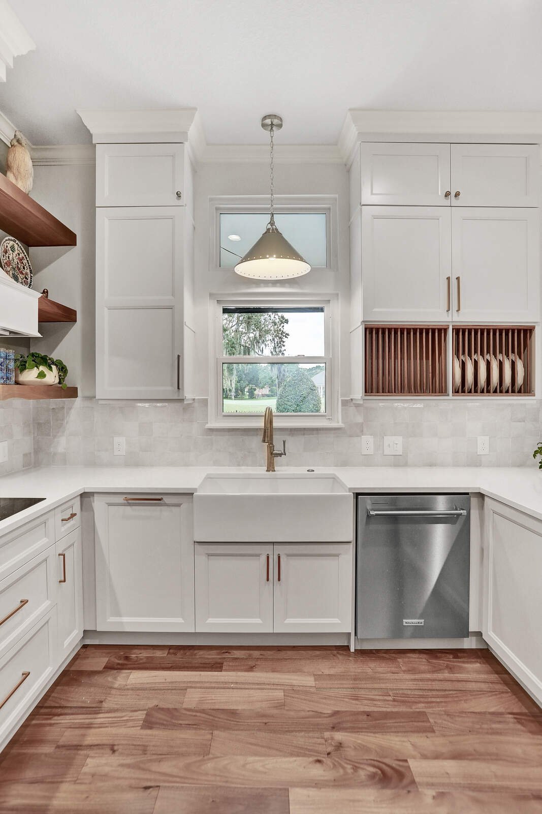 bright transitional kitchen farmhouse sink plate rack