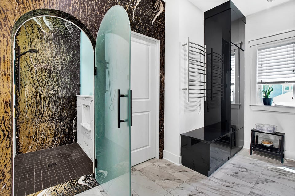 Custom master bathroom renovation in Jacksonville FL with dark, edgy design