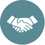 White Icon of Handshake on a Blue Circle Background