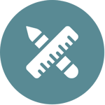 White Icon of Pencil and Ruler on a Blue Circle Background
