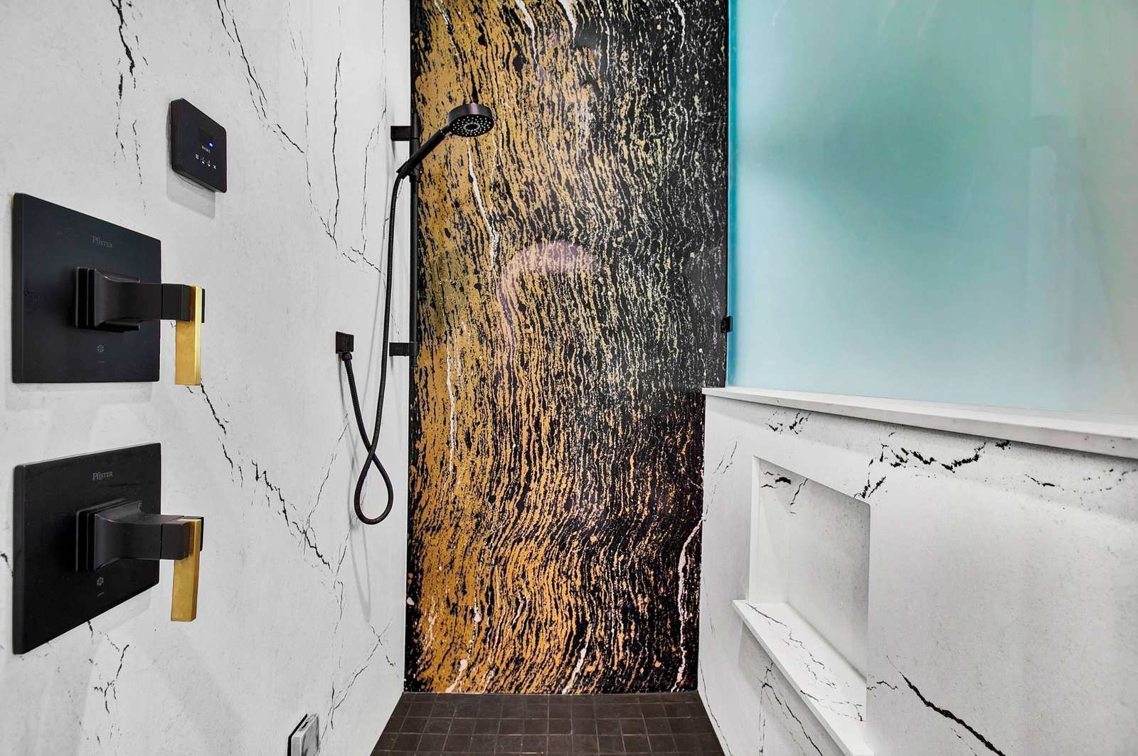 luxury walk in shower renovation in jacksonville with black hardware