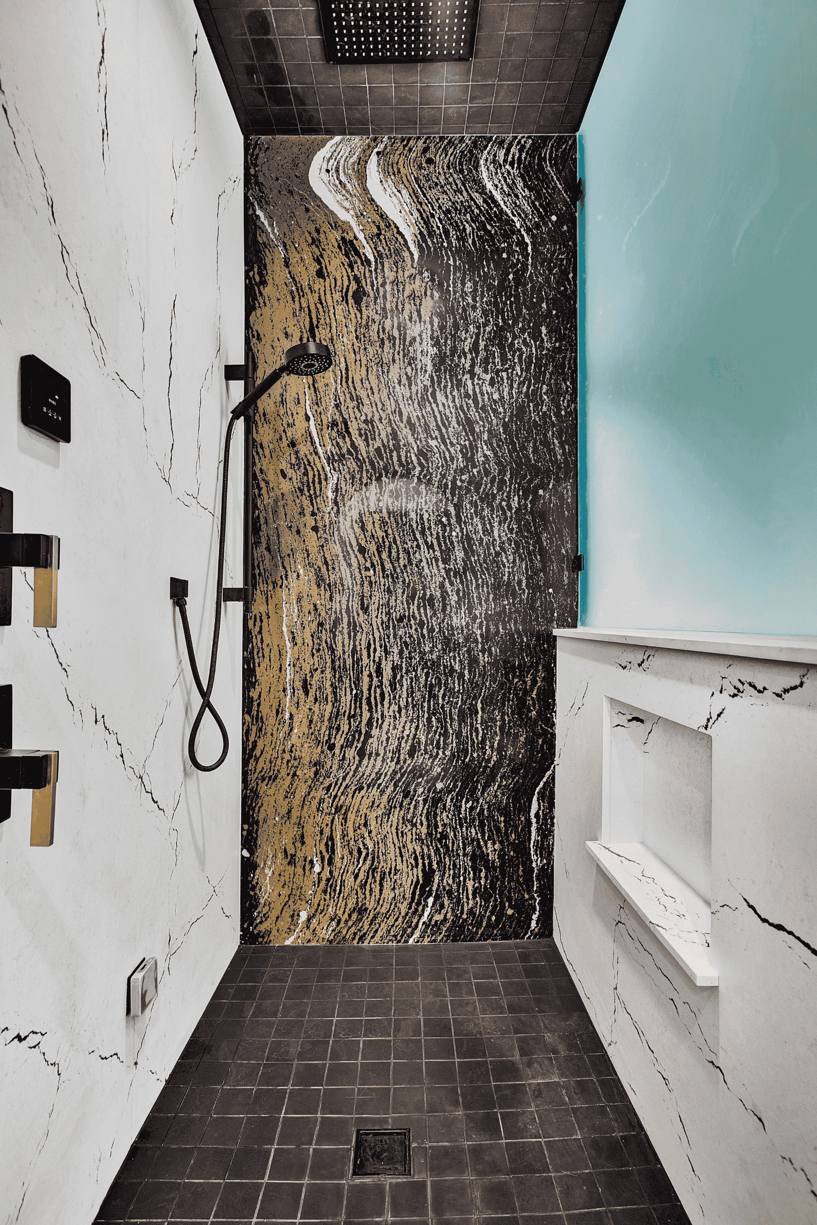 large walk in shower with frosted glass