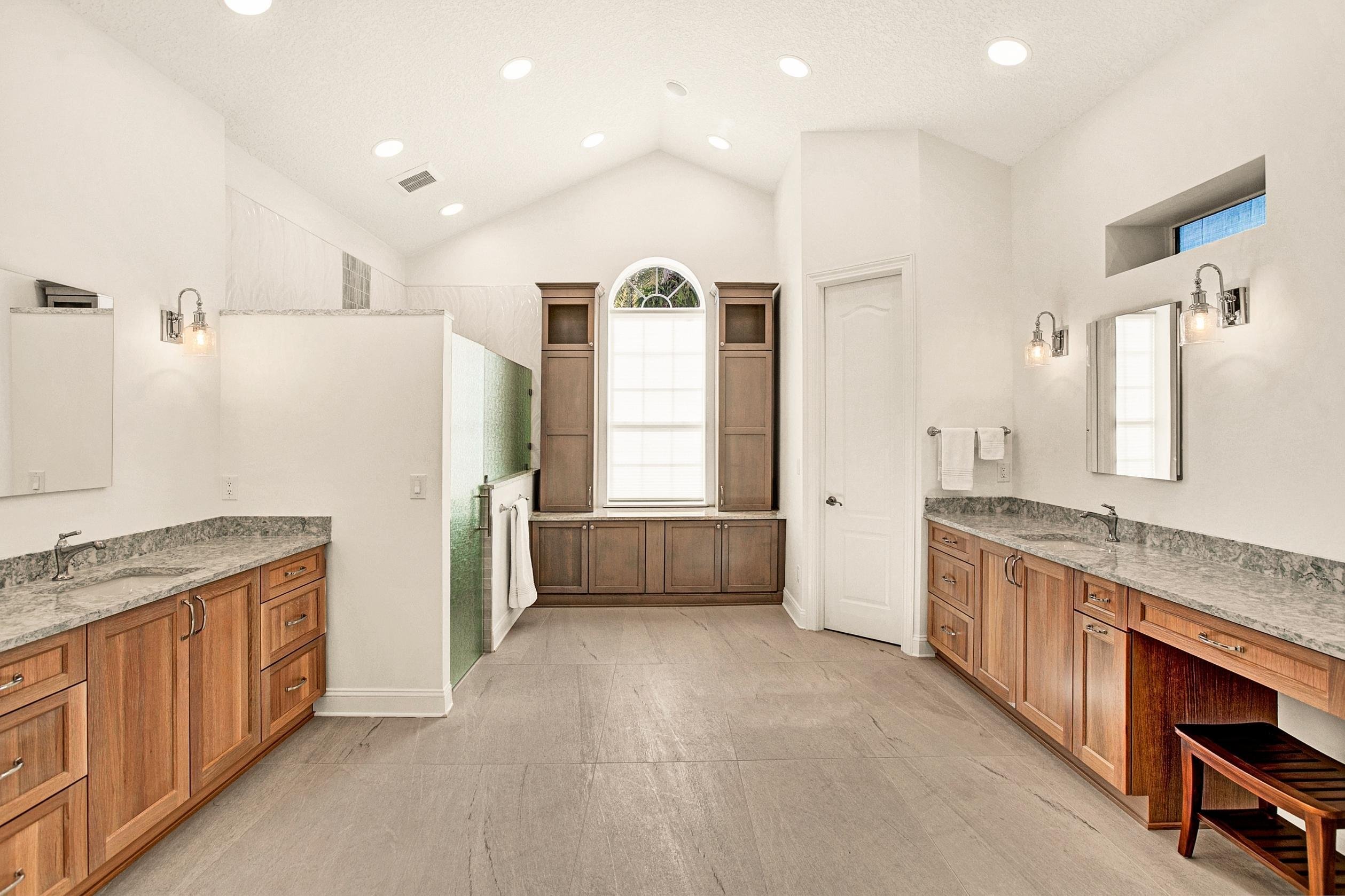 large master bathroom remodel with neutral cabinets and walk in shower in jacksonville, fl