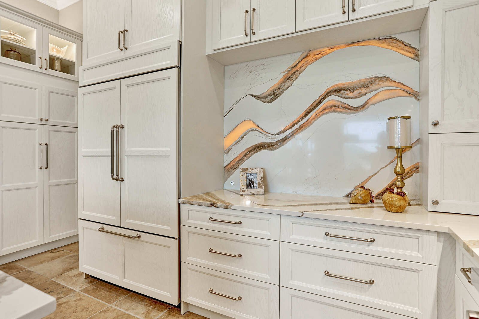 golden contemporary kitchen refrigerator marble backsplash nook
