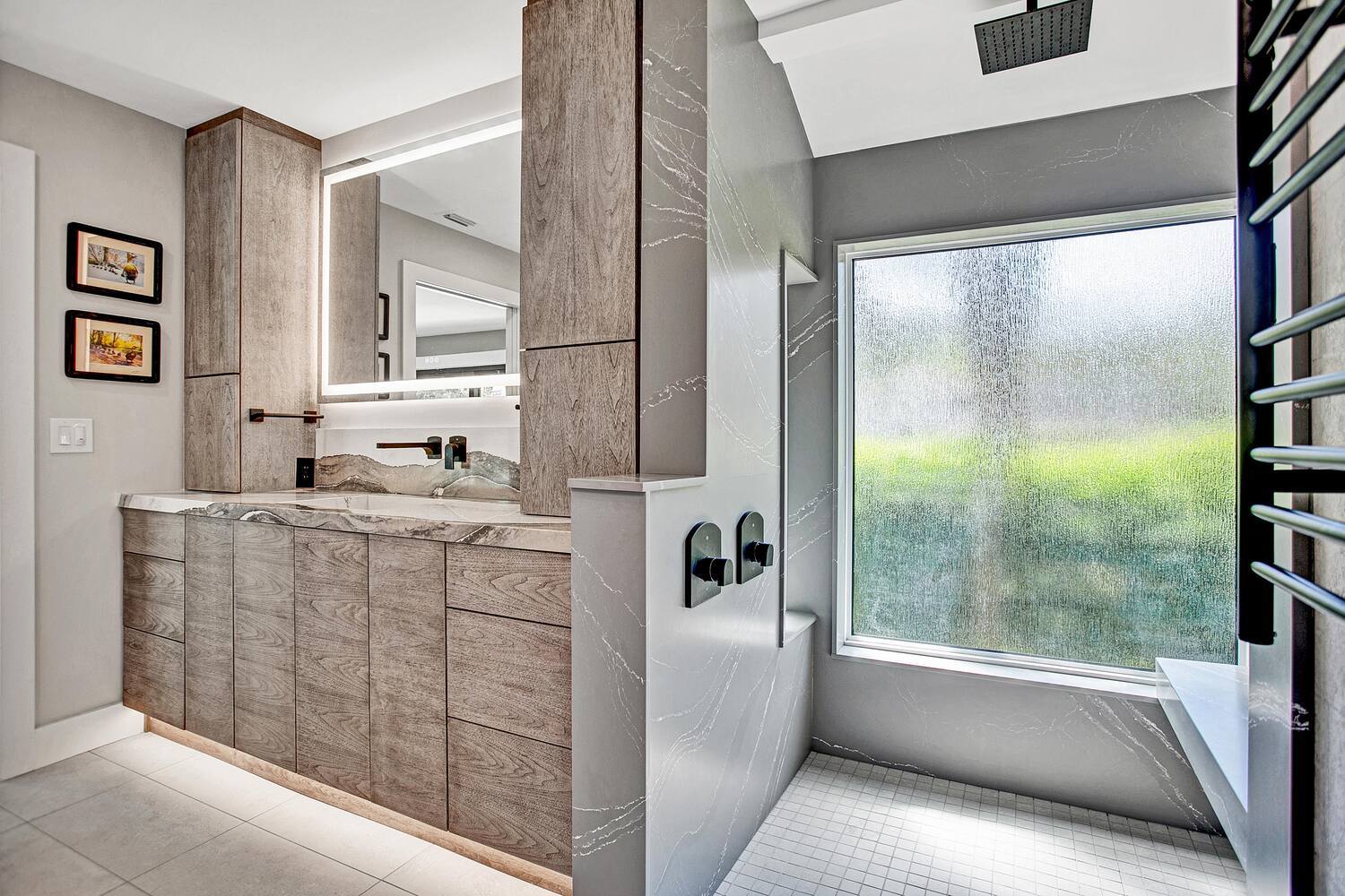 luxury bathroom remodel style with quartz vanity and large window shower by BeeTree Homes in Ponte Vedra Beach FL