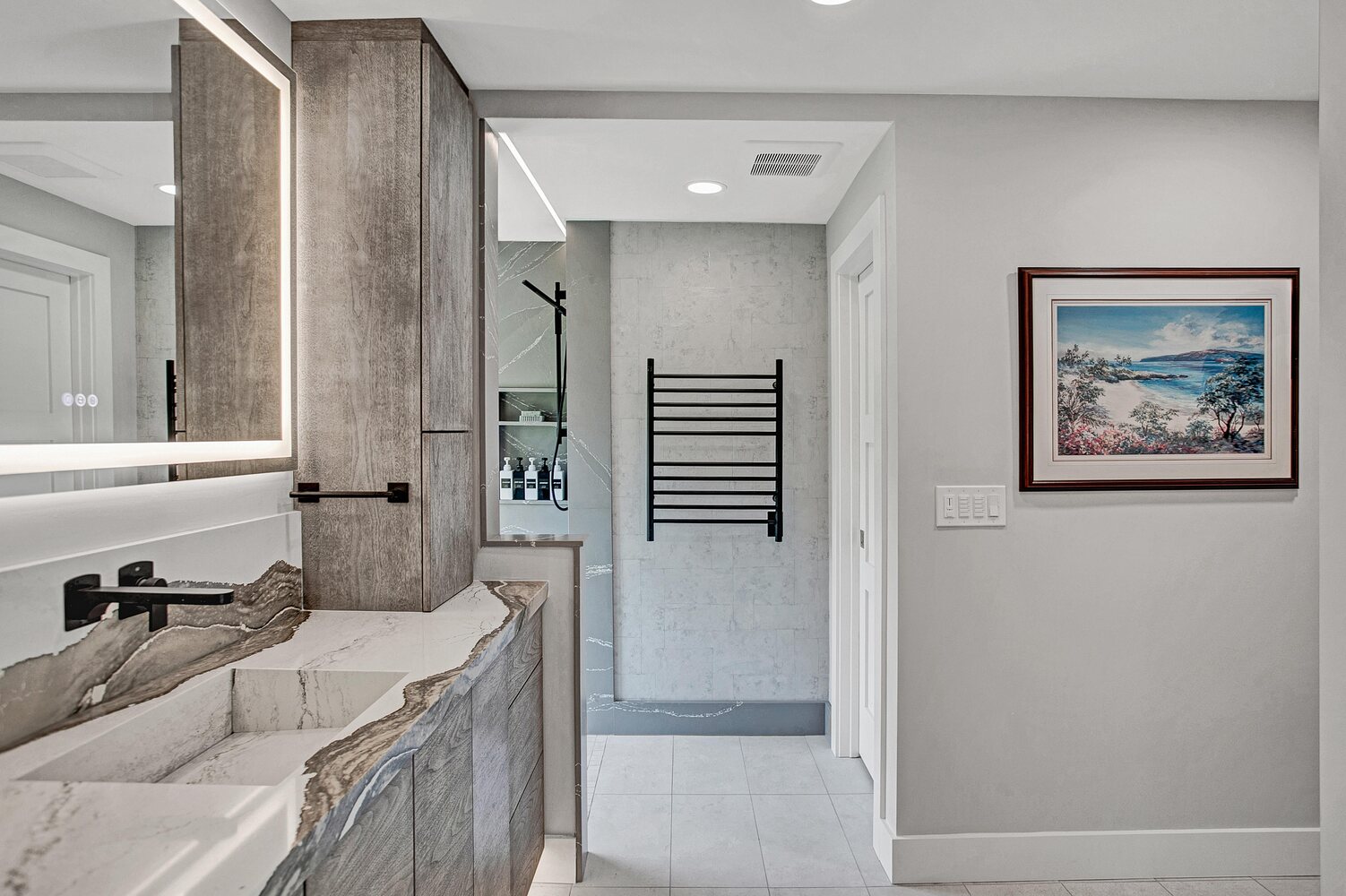 modern bathroom vanity and shower layout in BeeTree Homes custom home Jacksonville FL