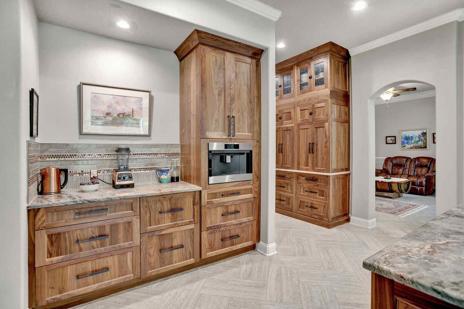 eclectic whole home remodel coffee bar with built-in microwave