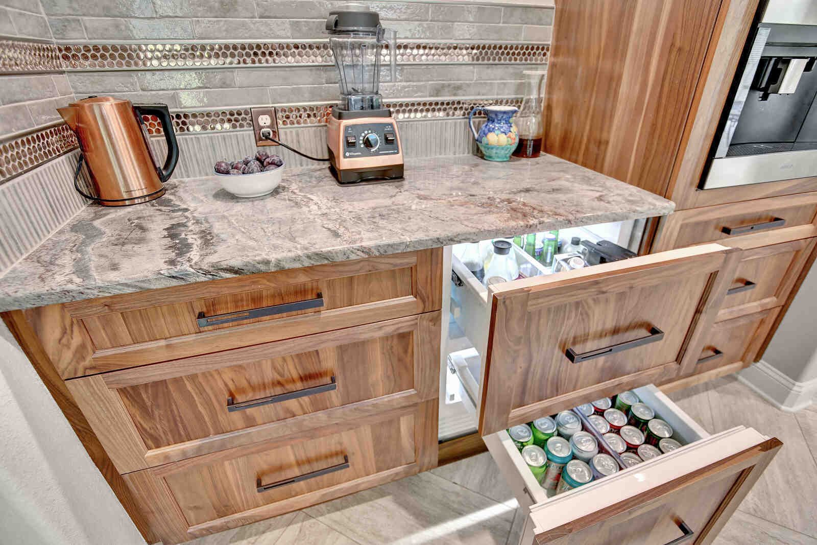 eclectic whole home remodel kitchen beverage drawers in built-in coffee bar