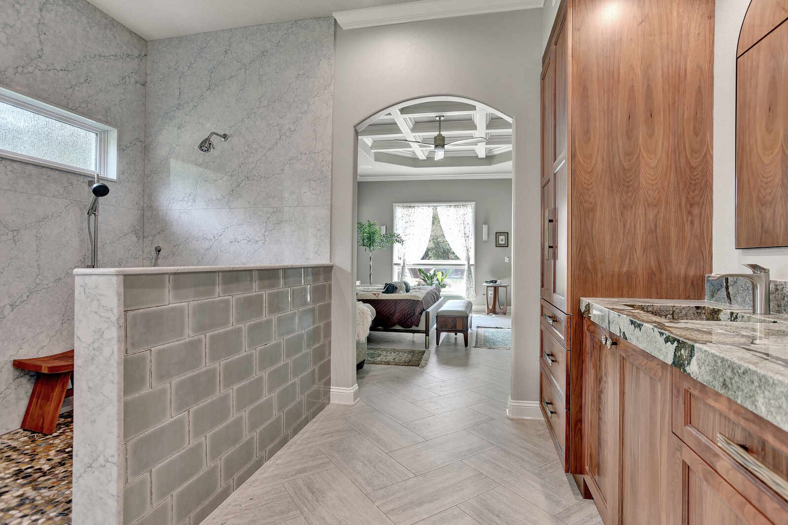 eclectic whole home remodel primary bath shower with a view of the primary bedroom