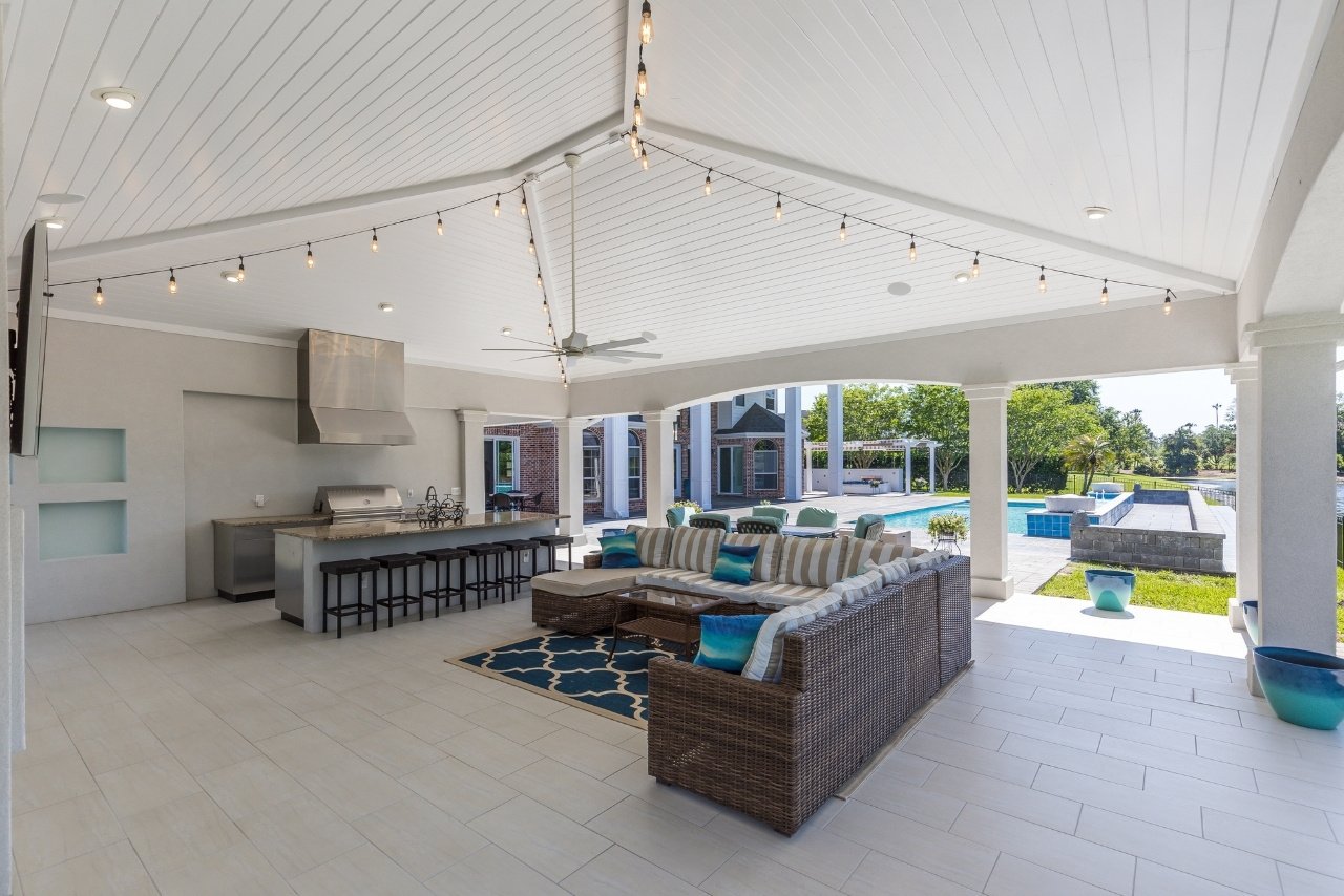 backyard pool and outdoor living remodel with outdoor kitchen, fireplace, and covered porch