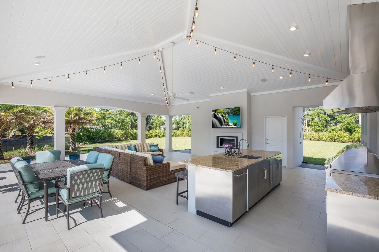 outdoor entertainment renovation with fireplace, outdoor kitchen, and tv (3)